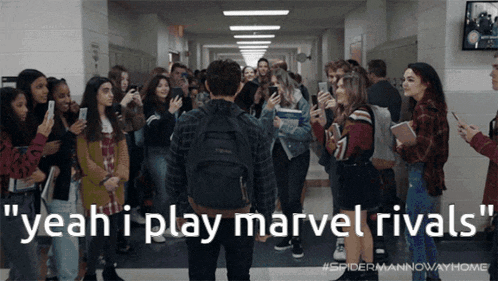 a group of people standing in a hallway with the words " yeah i play marvel rivals " on the bottom