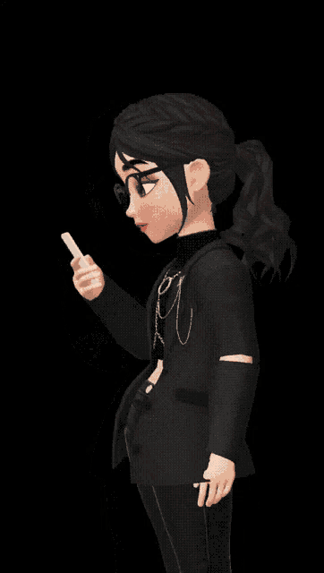 a cartoon girl wearing glasses and a chain around her neck is laughing with her eyes closed