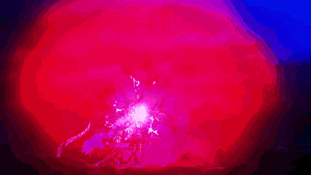 a red and blue background with a glowing light in the middle