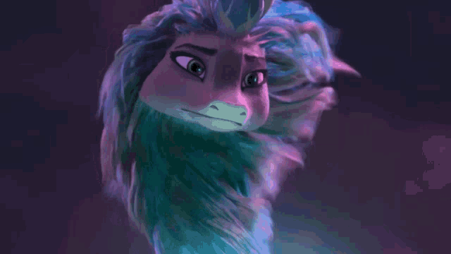 a close up of a cartoon character 's face with purple and blue feathers