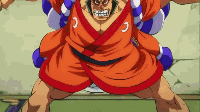 a cartoon of a man in a red and blue kimono with the letter c on his chest
