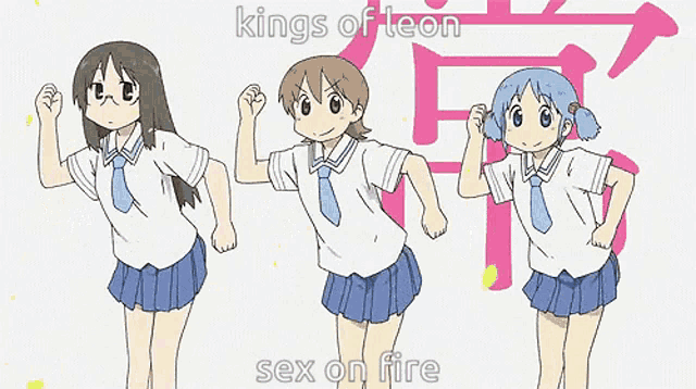 three anime girls are dancing in front of a pink background that says kings of leon sex on fire