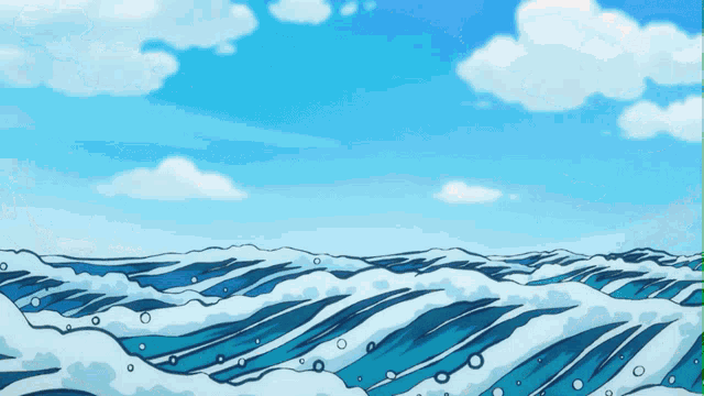 a cartoon drawing of the ocean with a blue sky and clouds