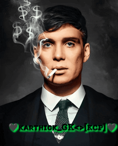 a man in a suit and tie is smoking a cigarette with a dollar sign coming out of his mouth