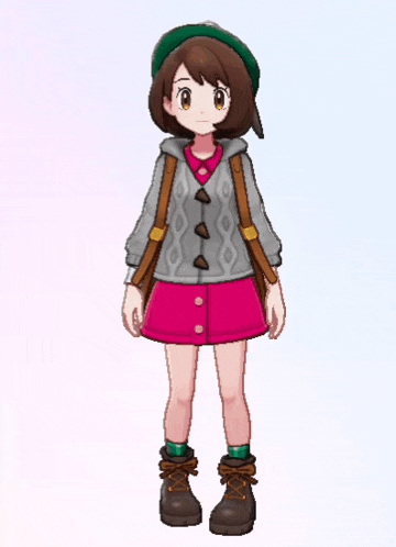 a cartoon girl wearing a green hat and a brown backpack .