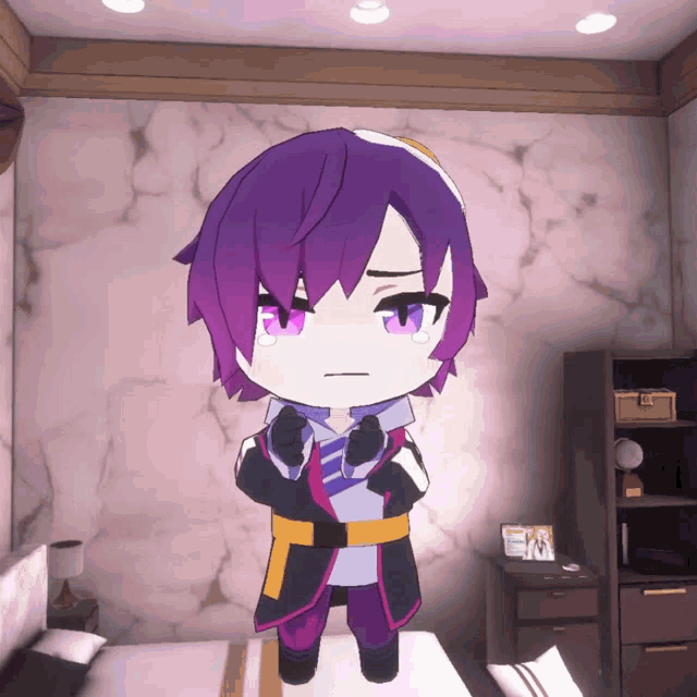 a cartoon character with purple hair and blue eyes stands in a bedroom