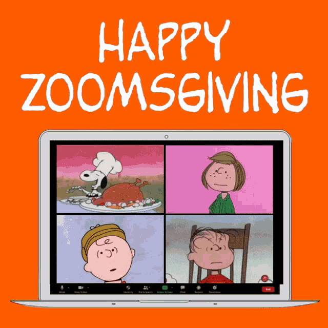 a happy zoomsgiving poster with snoopy charlie brown and linus