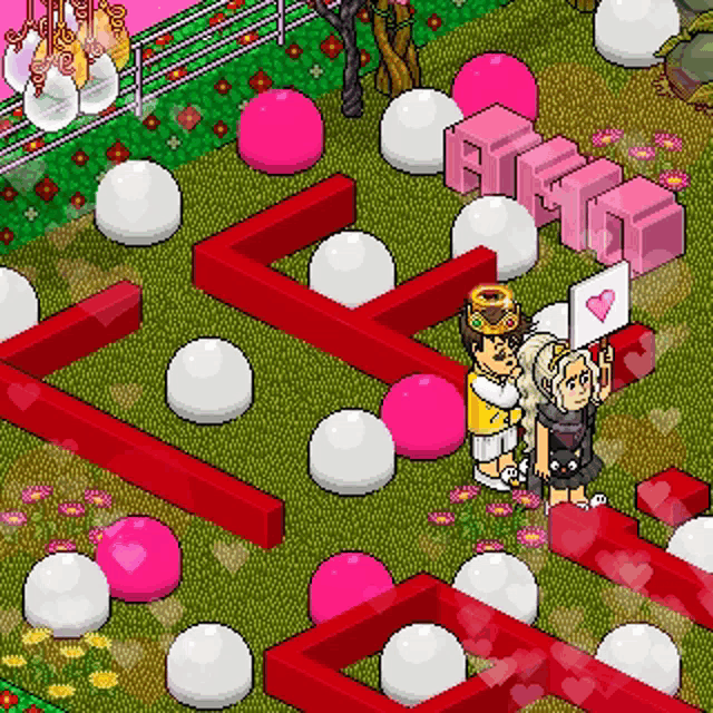 a pixel art of a man and a woman holding a sign that says " love "