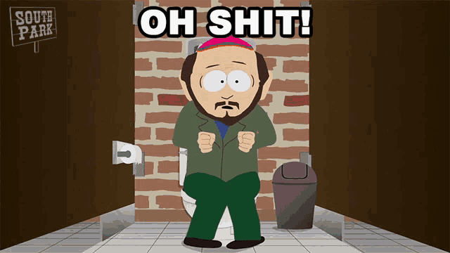 a cartoon of a man sitting on a toilet with the words oh shit below him