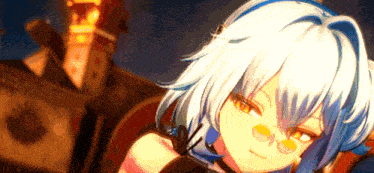 a close up of a girl with white hair and glasses looking at the camera