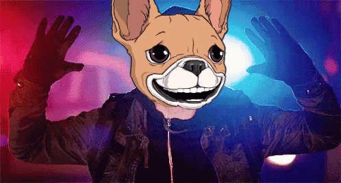 a cartoon of a man with a dog mask on his head