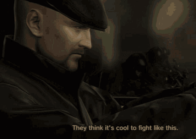 a video game character says they think it 's cool to fight like this while holding a gun