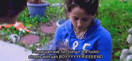 a woman in a blue sweatshirt says i hope ya have fun livin '
