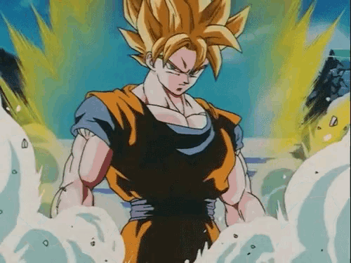 a cartoon character named goku is standing in front of a blue sky
