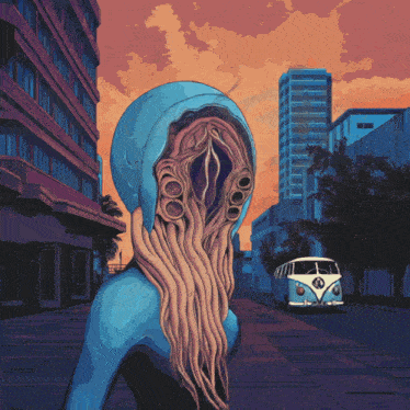 a painting of a strange creature with a blue hoodie on