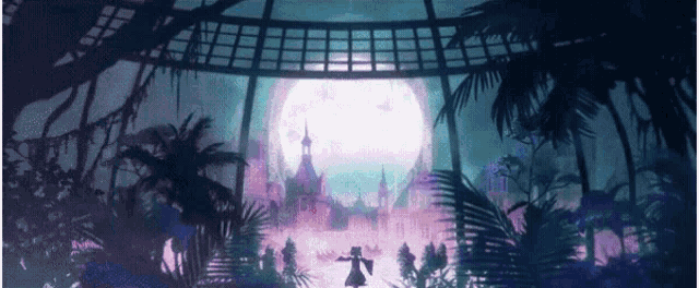 a woman is standing in front of a full moon in a castle surrounded by trees .