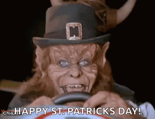 a leprechaun driving a car with the words happy st. patrick 's day below him