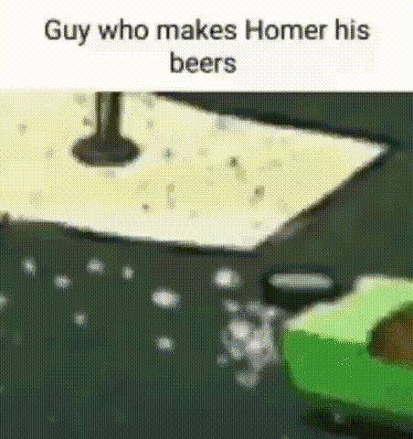 a guy who makes homer his beers is driving a green car on a street .