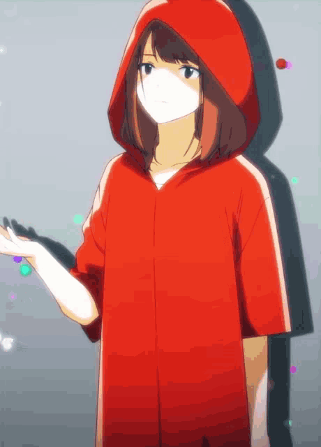 a girl in a red hoodie with a white face mask on