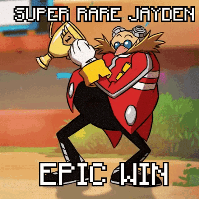 a cartoon character holding a trophy with the words super rare jayden epic win above him