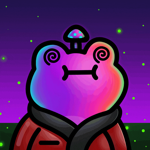 a colorful frog with a mushroom on its head and a smiley face