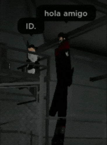 a video game character is hanging from the ceiling with a speech bubble saying hola amigo id