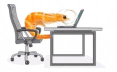 a shrimp is sitting in an office chair at a desk using a laptop .