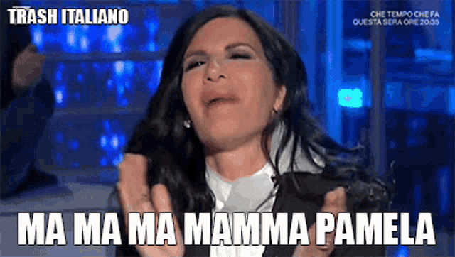 a woman is making a funny face with the words ma ma ma mamma pamela written above her