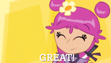 a cartoon girl with purple hair and a flower on her head says great