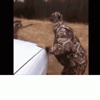 a man in a camouflage jacket is standing next to a car .