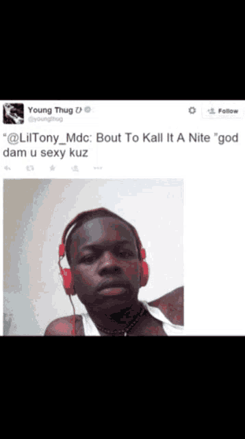 a picture of a man wearing red headphones with a caption that says " bout to kill it a nite "