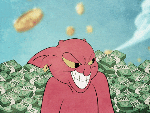 a cartoon character is standing in front of a pile of money that says aboga