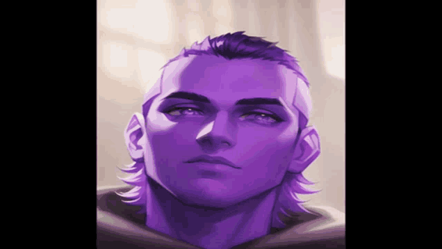 a painting of a man with purple hair and blue eyes .