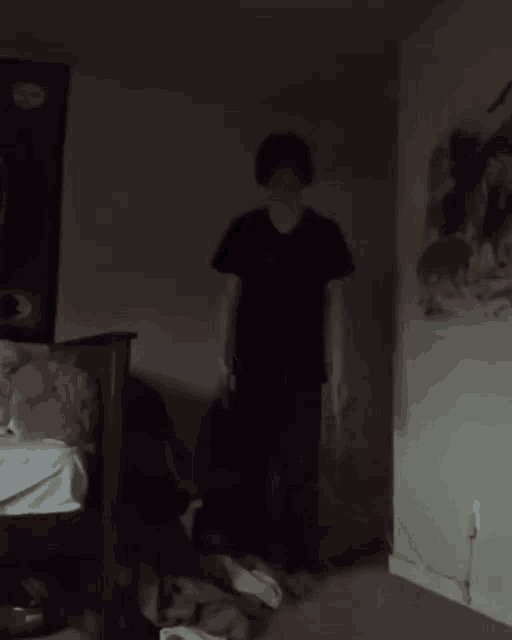 a person in a black shirt is standing in a dark room next to a bed