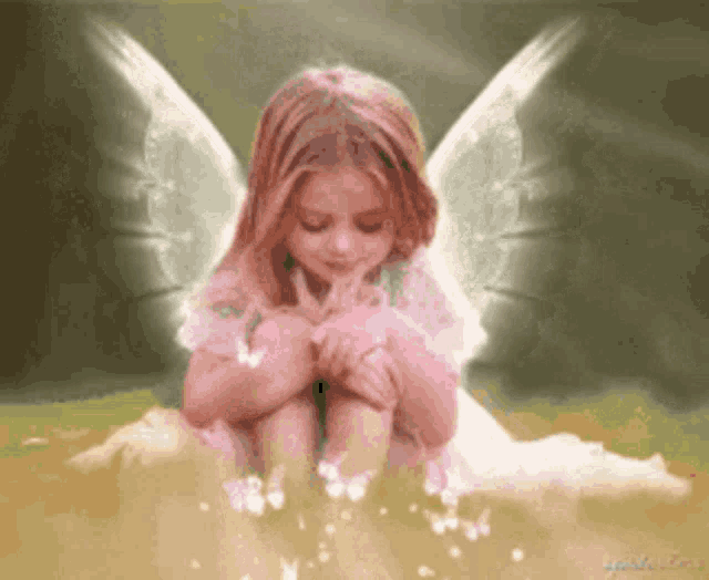 a little girl with angel wings is sitting on a cloud .