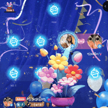 a screenshot of a video game with flowers and balloons and the words task 1 and host