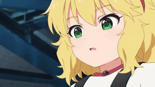 a girl with blonde hair and green eyes is looking up