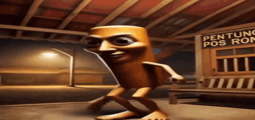 a cartoon character is dancing in front of a sign that says " pentong pos ron "