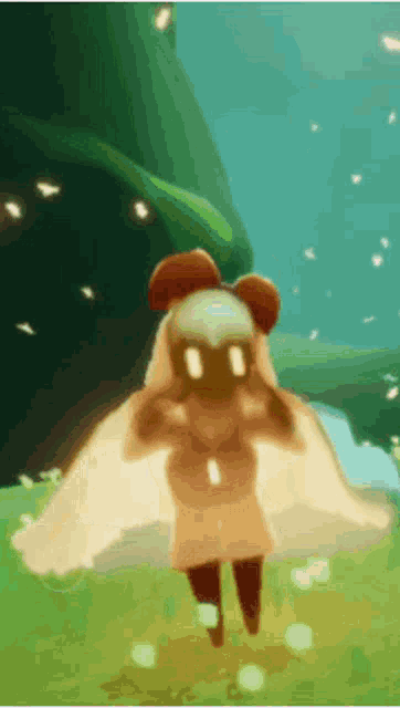 a cartoon character with wings is standing in a field with flowers .
