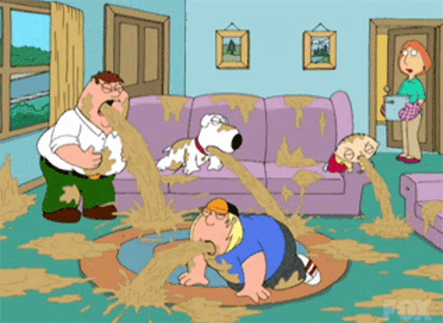 a family guy cartoon shows peter griffin throwing up