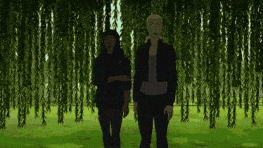 a cartoon of two women standing under a tree