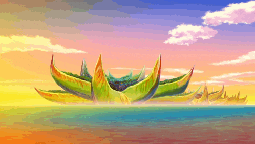 a colorful painting of a boat in the ocean at sunset