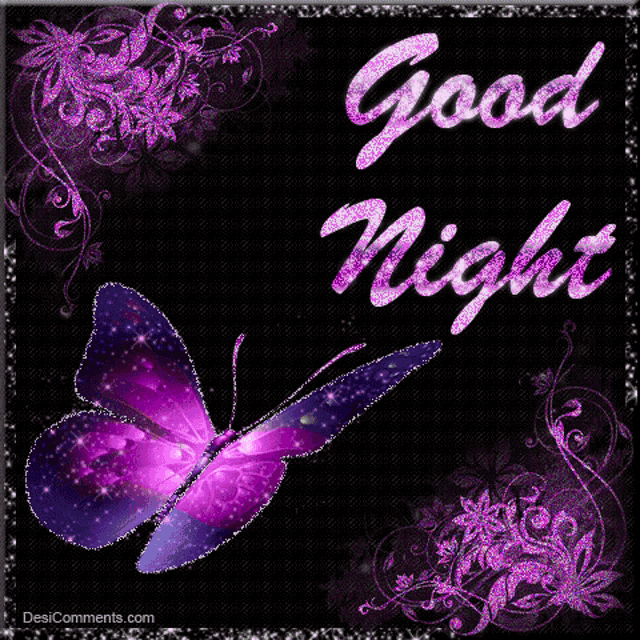a purple butterfly is on a black background with the words " good night "