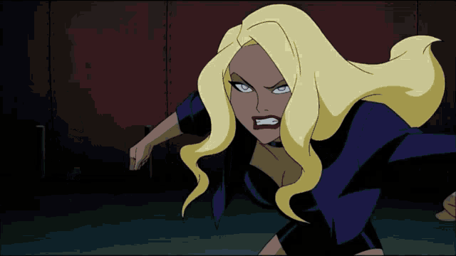 a cartoon character with blonde hair and blue eyes is standing in front of a red wall