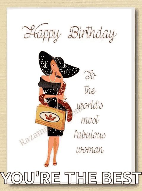 a happy birthday card with a woman in a hat