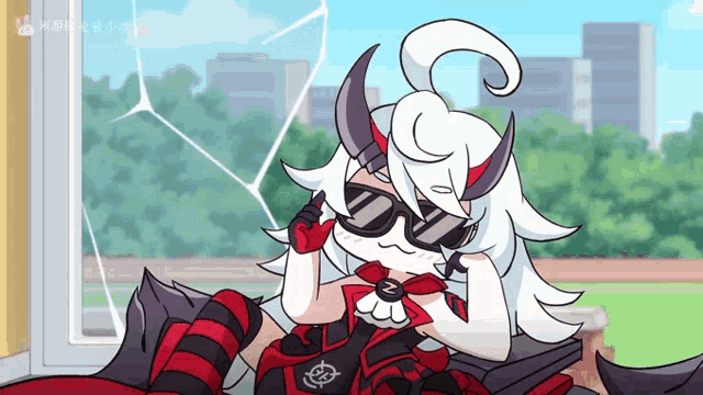 a cartoon of a girl with horns wearing sunglasses and a n on her chest