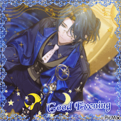 a picture of a man and a cat with the words good evening