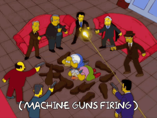 a cartoon scene with the words machine guns firing above it