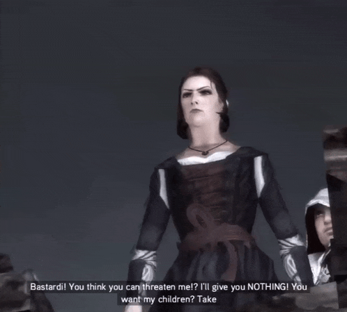 a video game scene with a woman saying " them i have the instrument to make more "