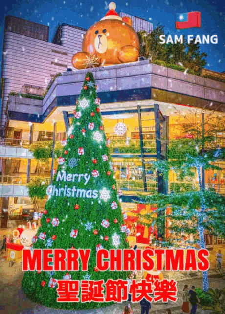 a large christmas tree in front of a building that says merry christmas on it
